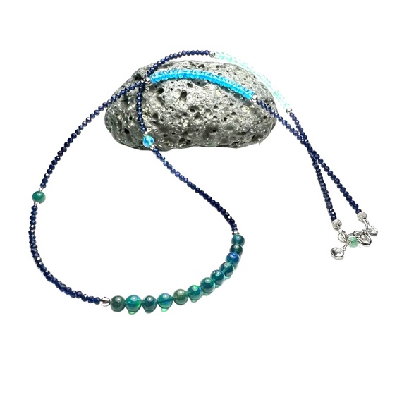Solid 14K White Gold  Natural Emerald Black Opal Sapphire Wrap Bracelet Necklace - Picture 2 of 7
